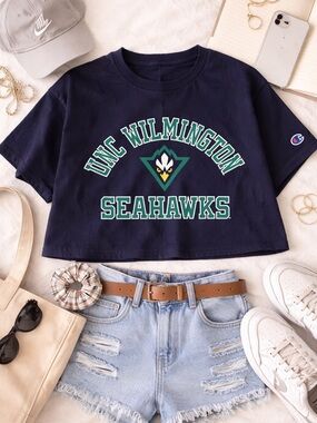 Champion UNC Wilmington Seahawks Cropped Tee Navy Graphic T-Shirt Small